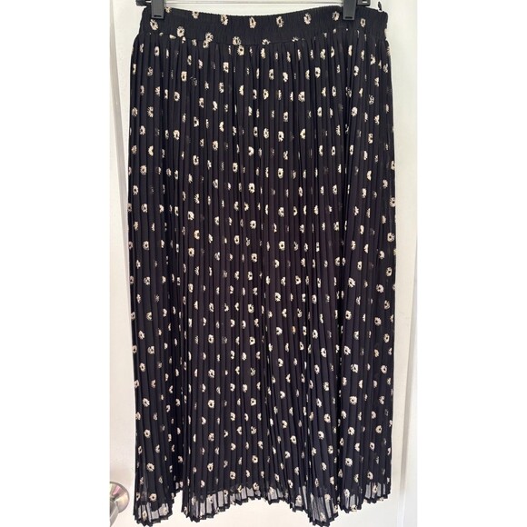 Vtg Knife Pleated Black Whimsigoth Boho Maxi Skirt Sun Mini Print Lined Sheer 14 - Picture 1 of 11